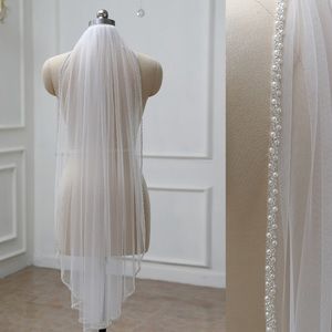 1 Tier Beaded Edge, Pearls, Elegant Fingertip, Crystal, ivory Bridal Veil
